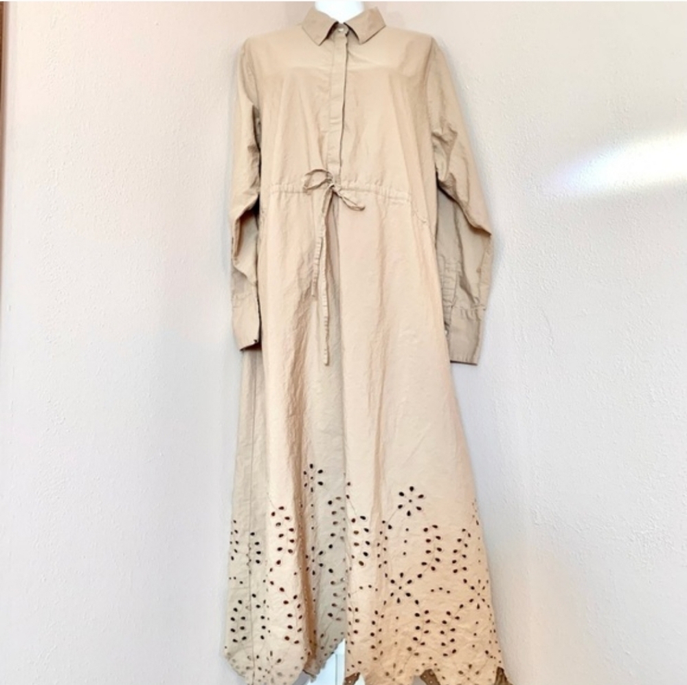 Sweet Magnolia Tan Long Sleeve Drawstring Cut Out Shirt Cotton Dress.